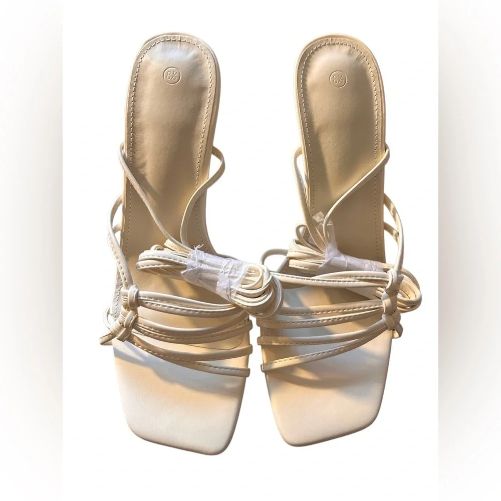 NEW Women’s Strappy Lace Up Heeled Sandals Square Open Toe Stiletto Tan Size 8.5